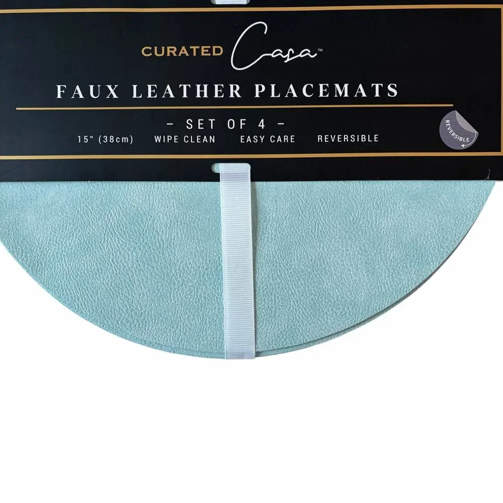 4pc Curated Casa Faux Leather Reversible Placemats 15in Blue & Cream Pebbled